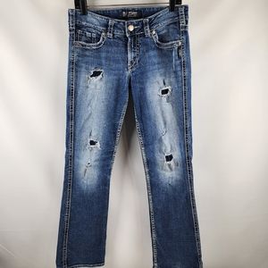 SILVER JEANS SUKI 17” Womens Boot Cut Mid Rise Distressed Blue Jeans Size 29x30